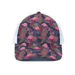 Tropical Flamingo Aloha Pattern Print White Mesh Trucker Cap