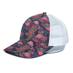 Tropical Flamingo Aloha Pattern Print White Mesh Trucker Cap