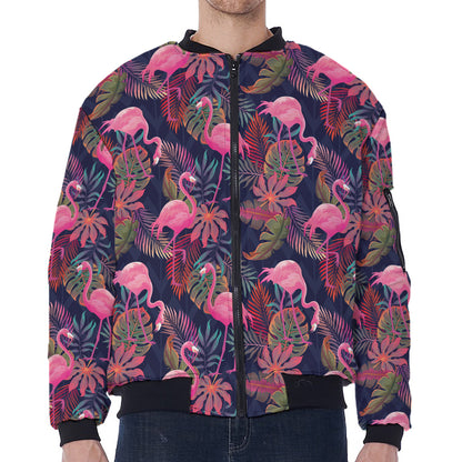 Tropical Flamingo Aloha Pattern Print Zip Sleeve Bomber Jacket