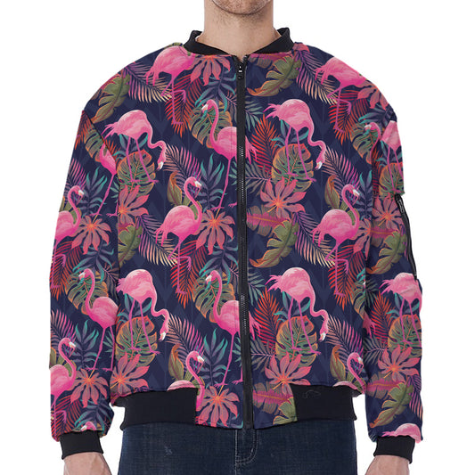 Tropical Flamingo Aloha Pattern Print Zip Sleeve Bomber Jacket