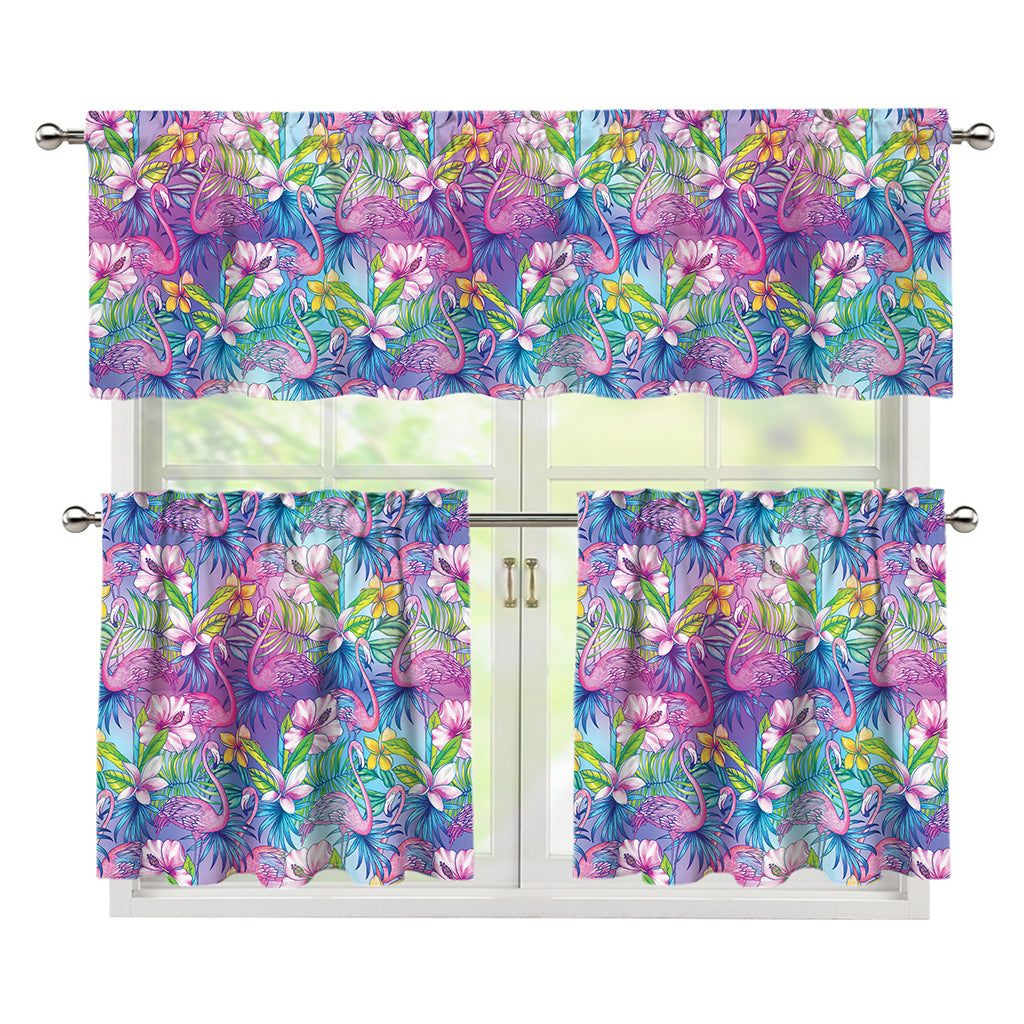 Tropical Flamingo And Hibiscus Print 3 Piece Kitchen Curtains
