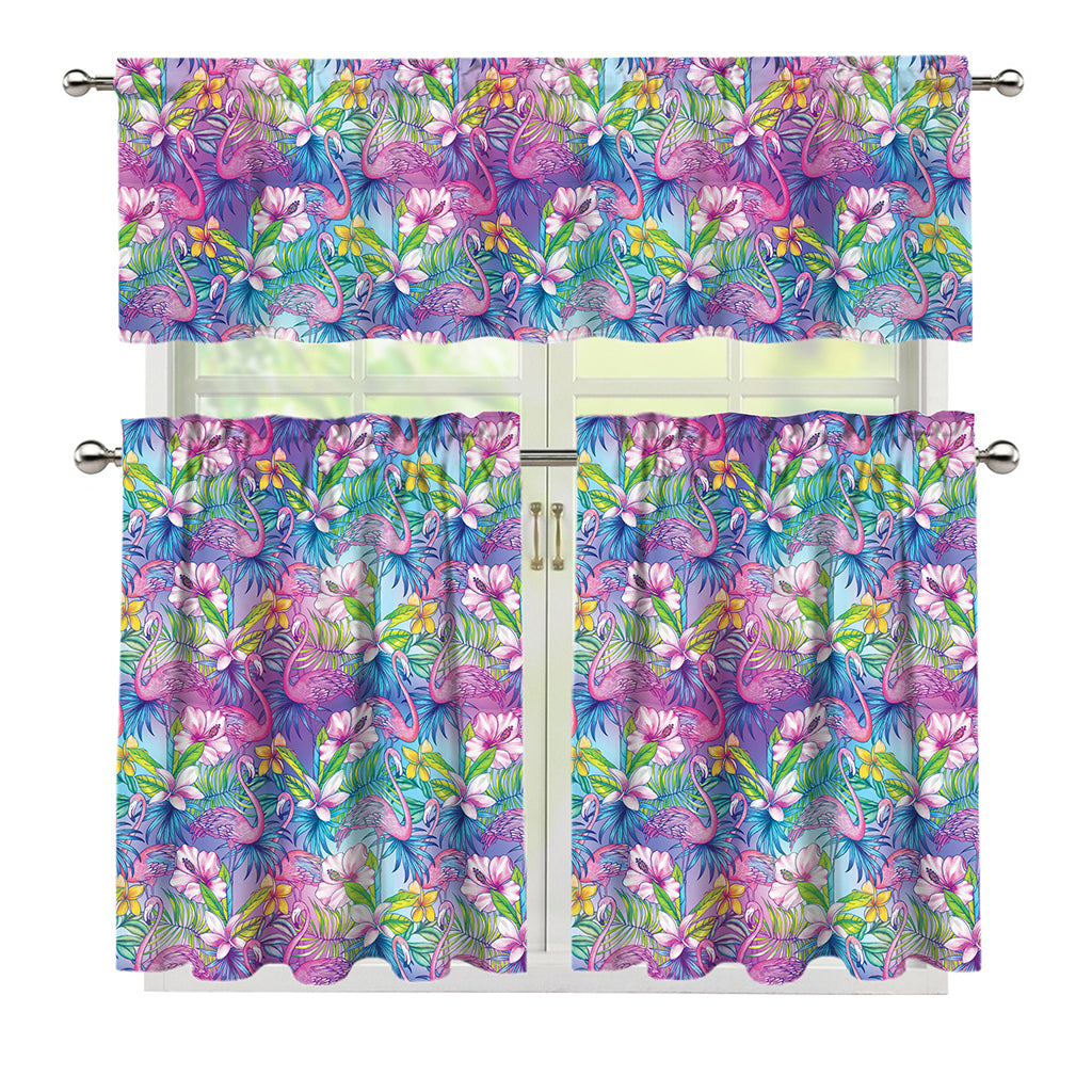 Tropical Flamingo And Hibiscus Print 3 Piece Kitchen Curtains