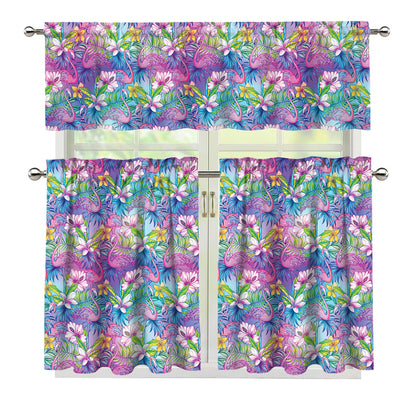 Tropical Flamingo And Hibiscus Print 3 Piece Kitchen Curtains