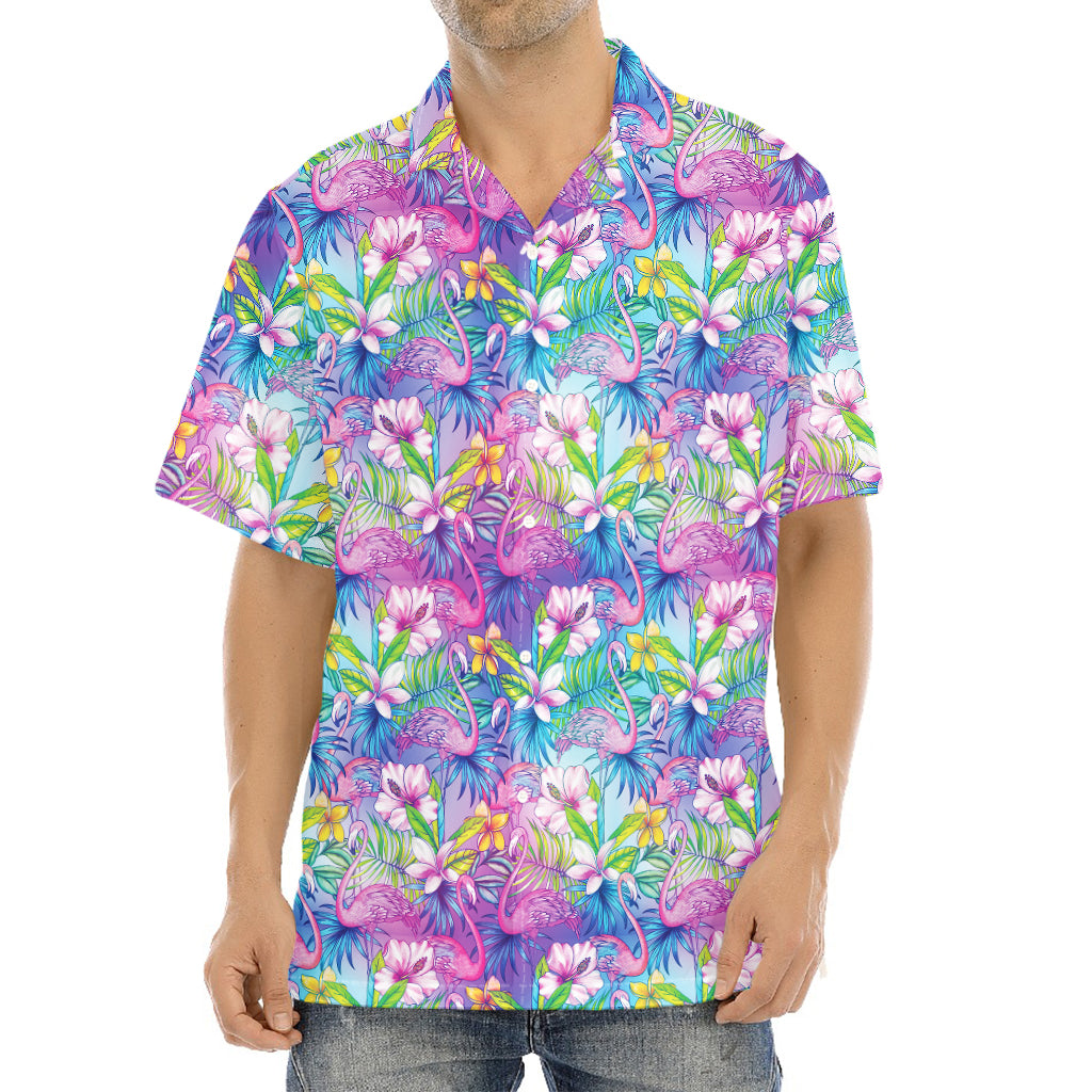 Tropical Flamingo And Hibiscus Print Aloha Shirt