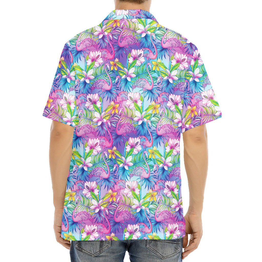 Tropical Flamingo And Hibiscus Print Aloha Shirt