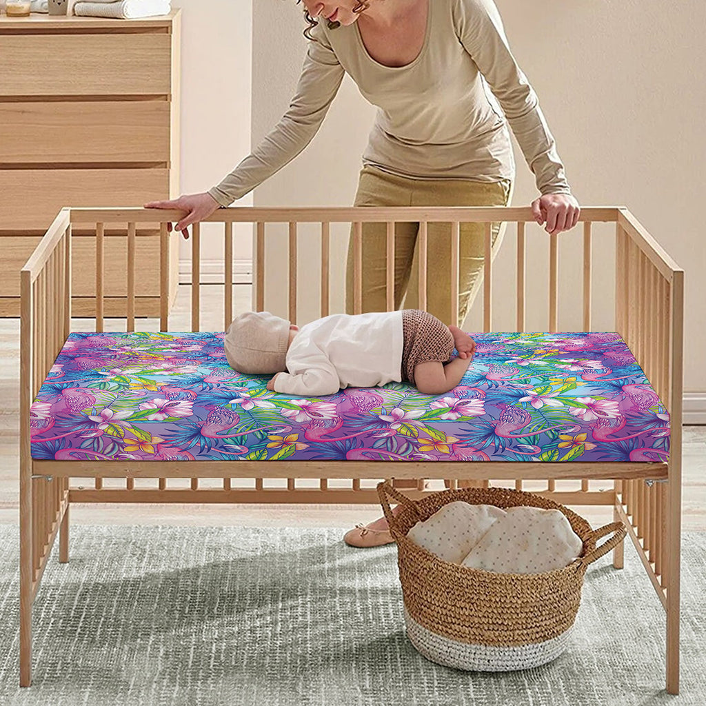 Tropical Flamingo And Hibiscus Print Baby Crib Sheet