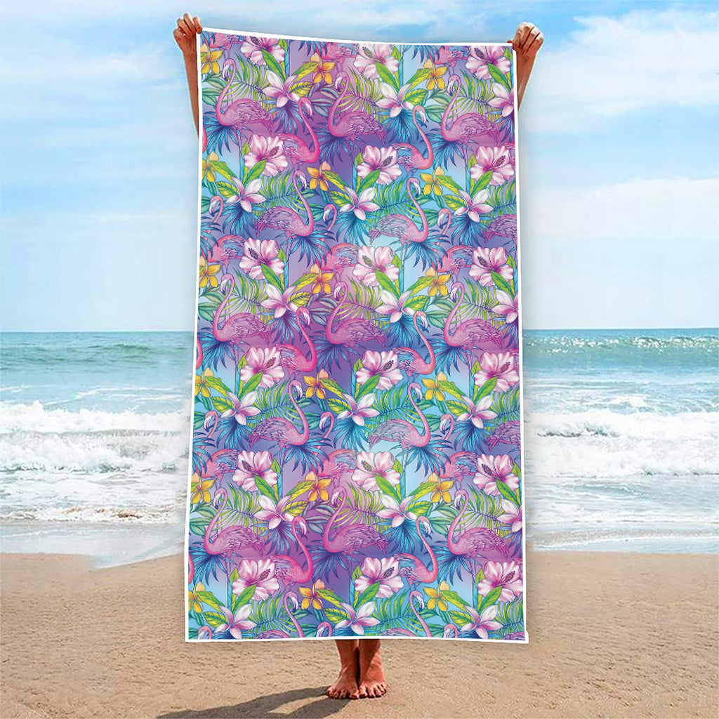 Tropical Flamingo And Hibiscus Print Beach Towel