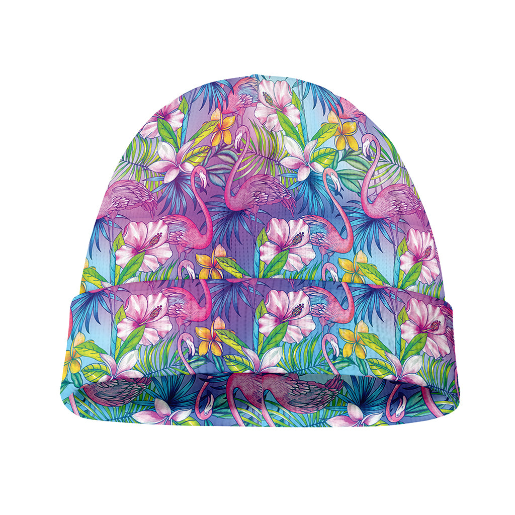 Tropical Flamingo And Hibiscus Print Beanie