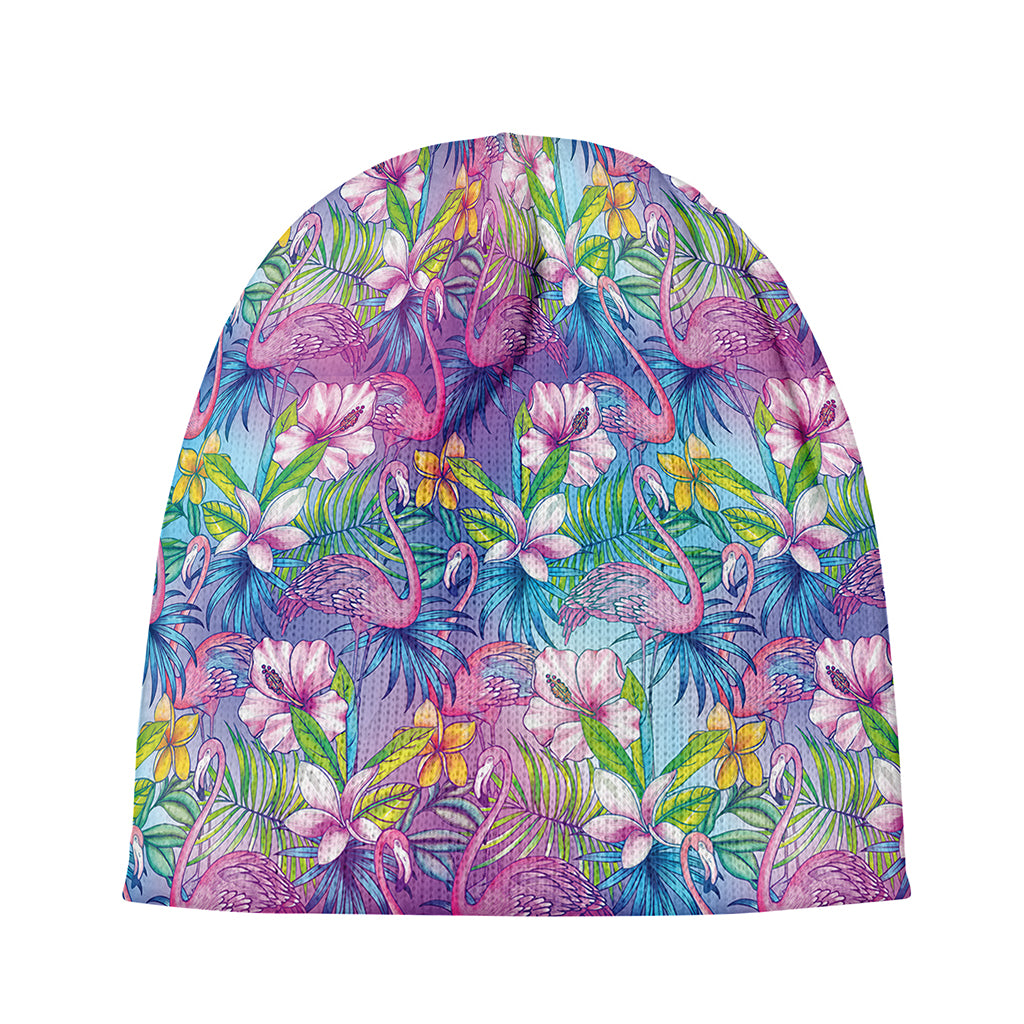 Tropical Flamingo And Hibiscus Print Beanie