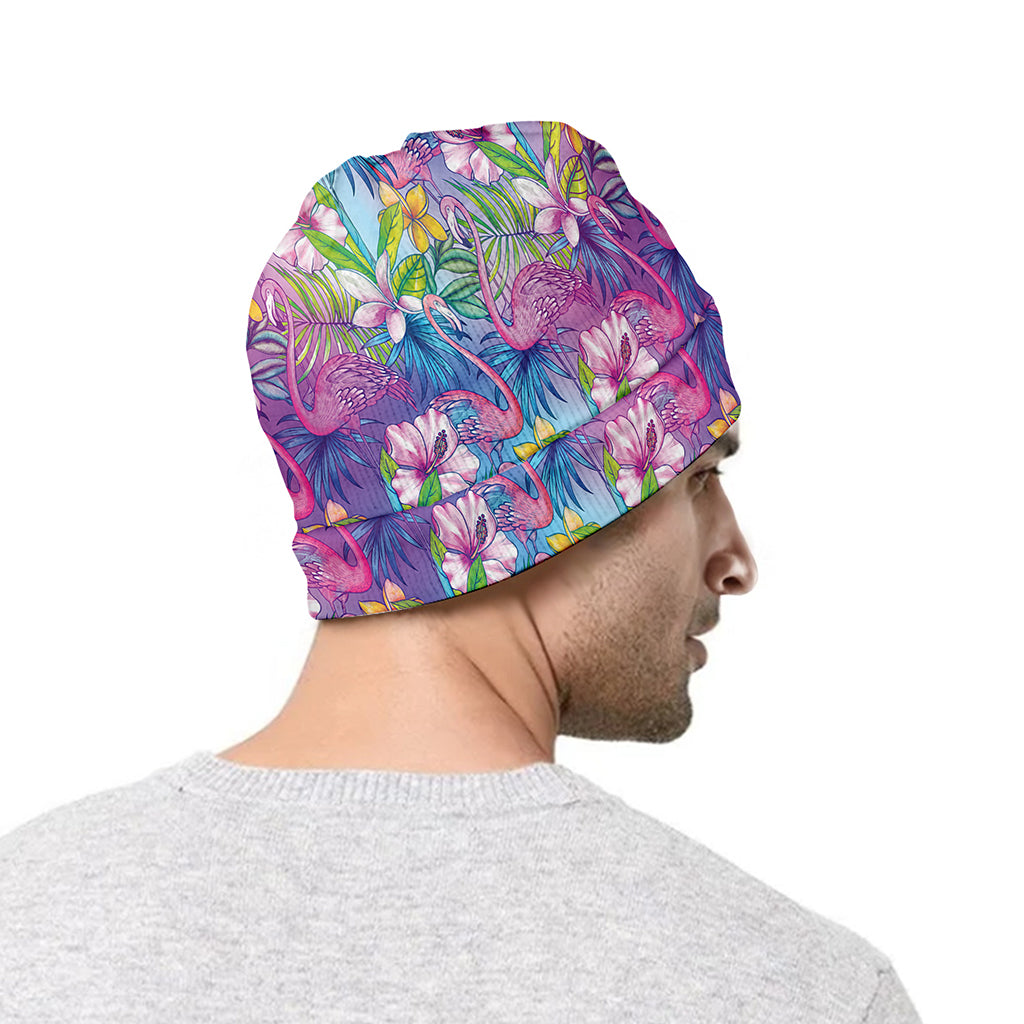 Tropical Flamingo And Hibiscus Print Beanie