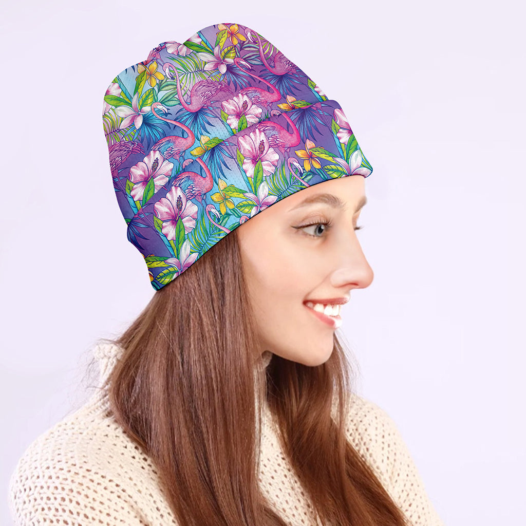 Tropical Flamingo And Hibiscus Print Beanie