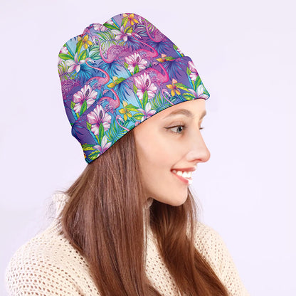 Tropical Flamingo And Hibiscus Print Beanie