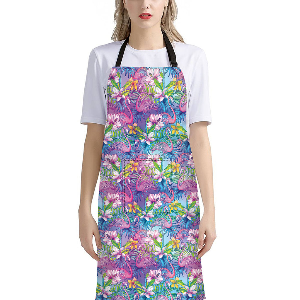 Tropical Flamingo And Hibiscus Print Bib Apron With Pocket