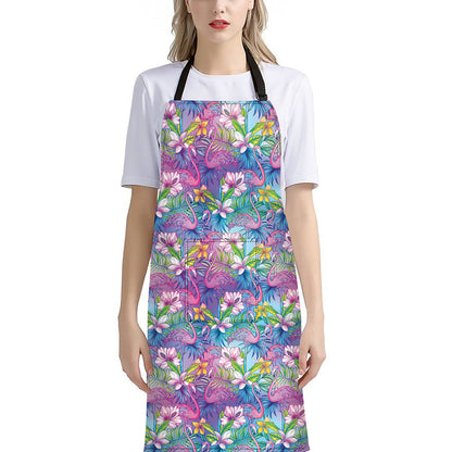 Tropical Flamingo And Hibiscus Print Bib Apron With Pocket