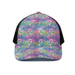 Tropical Flamingo And Hibiscus Print Black Mesh Trucker Cap
