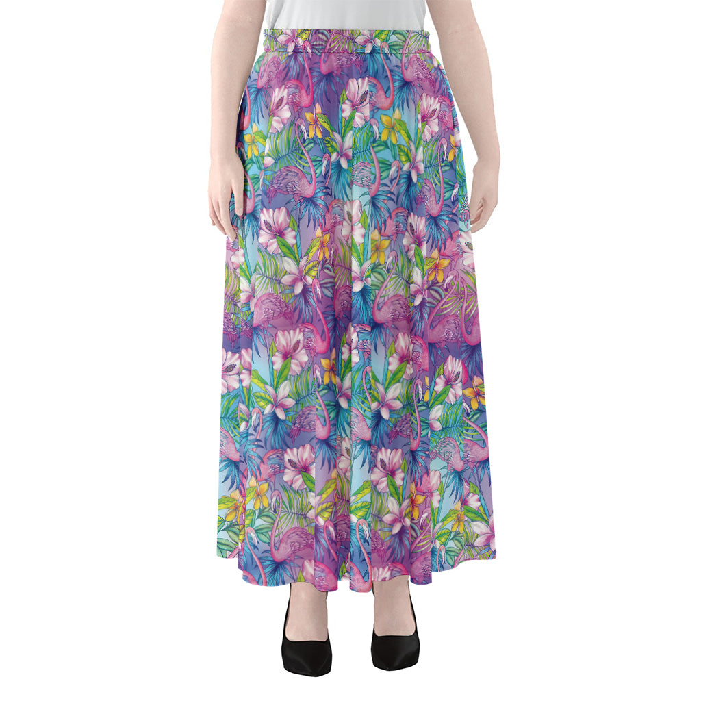 Tropical Flamingo And Hibiscus Print Chiffon Maxi Skirt