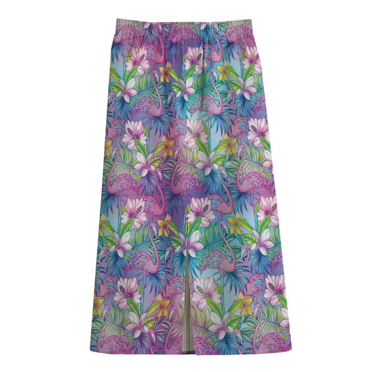Tropical Flamingo And Hibiscus Print Cotton Front Slit Maxi Skirt