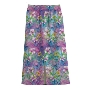 Tropical Flamingo And Hibiscus Print Cotton Front Slit Maxi Skirt