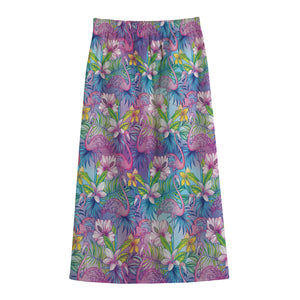 Tropical Flamingo And Hibiscus Print Cotton Front Slit Maxi Skirt