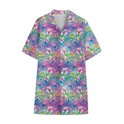 Tropical Flamingo And Hibiscus Print Cotton Hawaiian Shirt