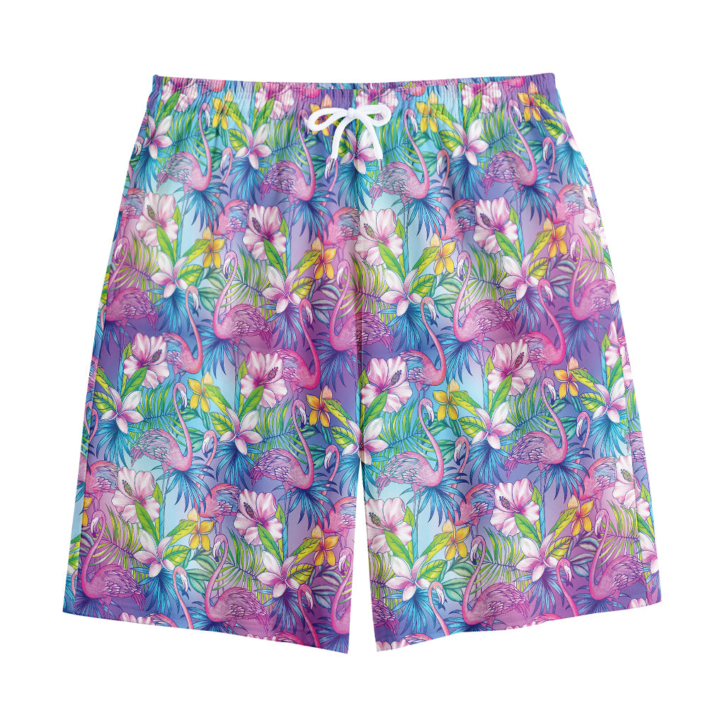 Tropical Flamingo And Hibiscus Print Cotton Shorts