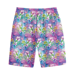 Tropical Flamingo And Hibiscus Print Cotton Shorts