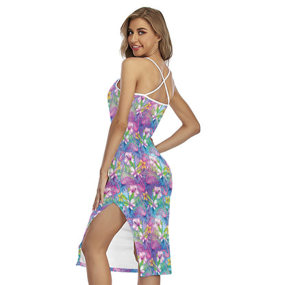 Tropical Flamingo And Hibiscus Print Cross Back Cami Dress