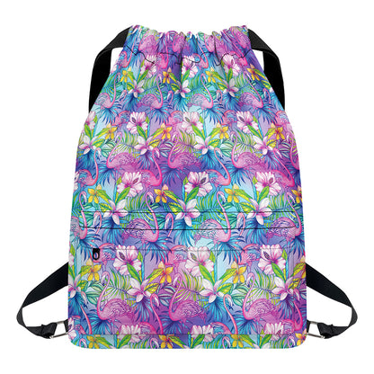 Tropical Flamingo And Hibiscus Print Drawstring Backpack