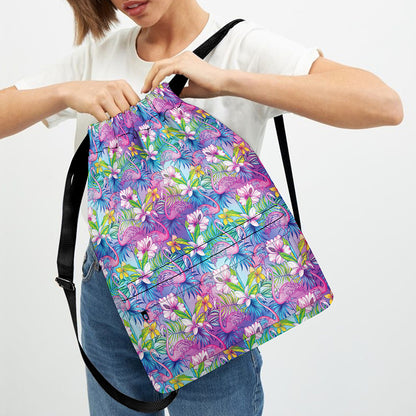 Tropical Flamingo And Hibiscus Print Drawstring Backpack