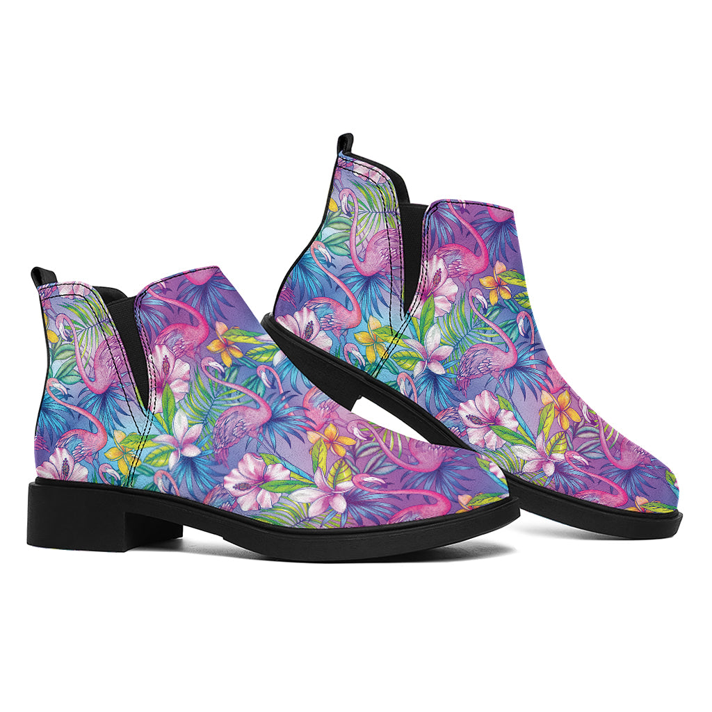 Tropical Flamingo And Hibiscus Print Flat Ankle Boots