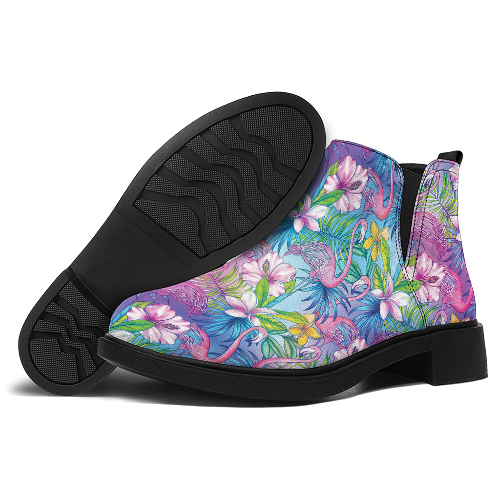 Tropical Flamingo And Hibiscus Print Flat Ankle Boots