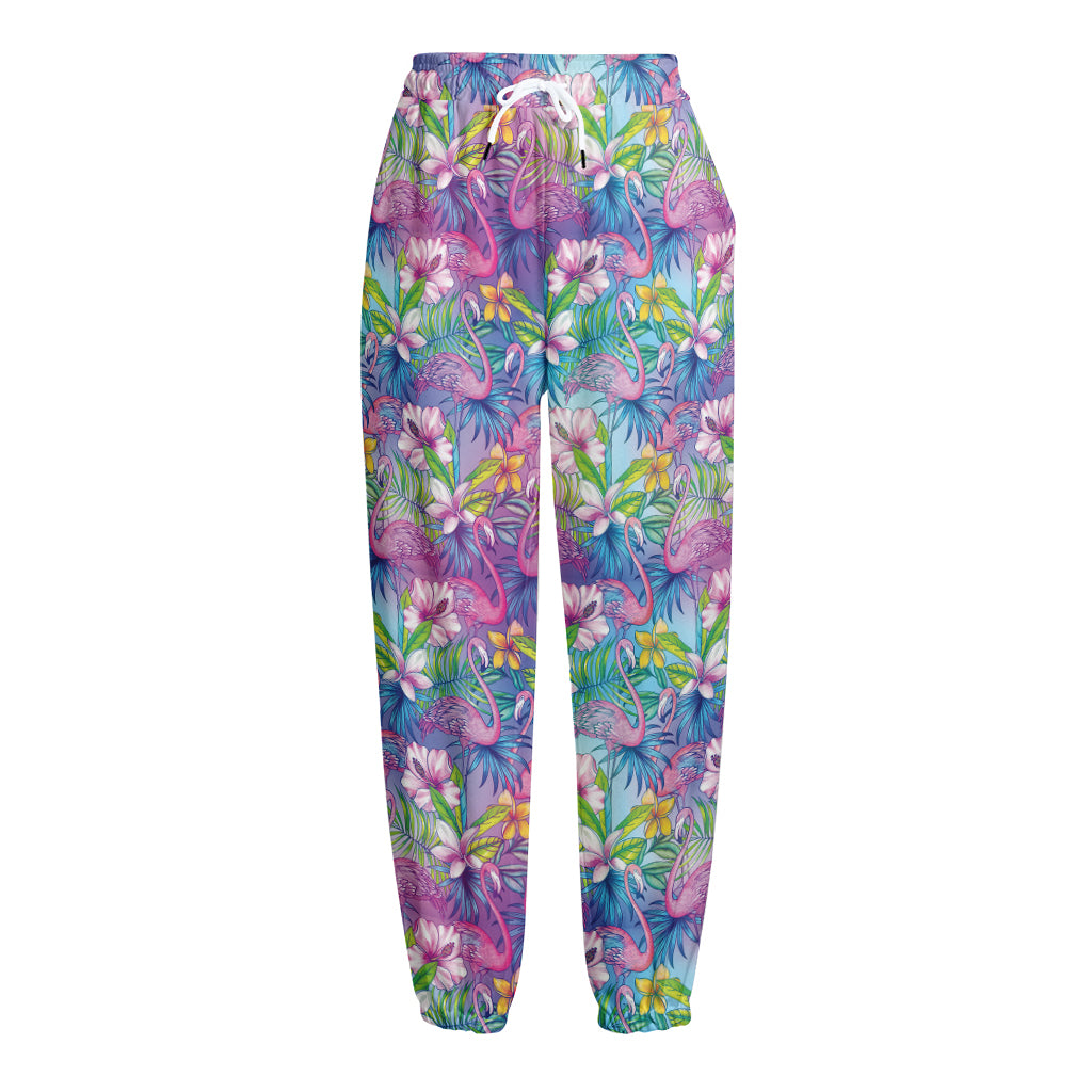 Tropical Flamingo And Hibiscus Print Fleece Lined Knit Pants