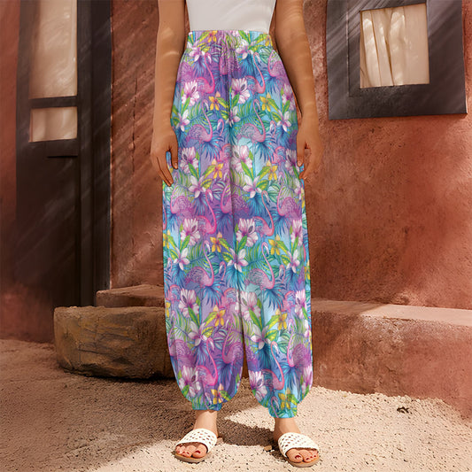 Tropical Flamingo And Hibiscus Print Harem Pants