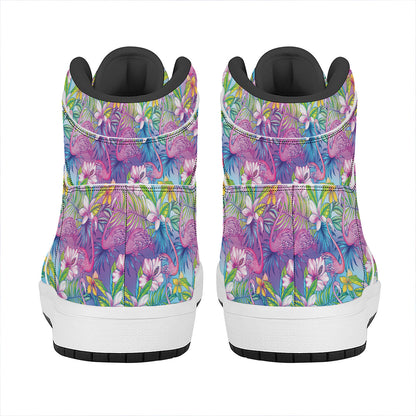 Tropical Flamingo And Hibiscus Print High Top Leather Sneakers