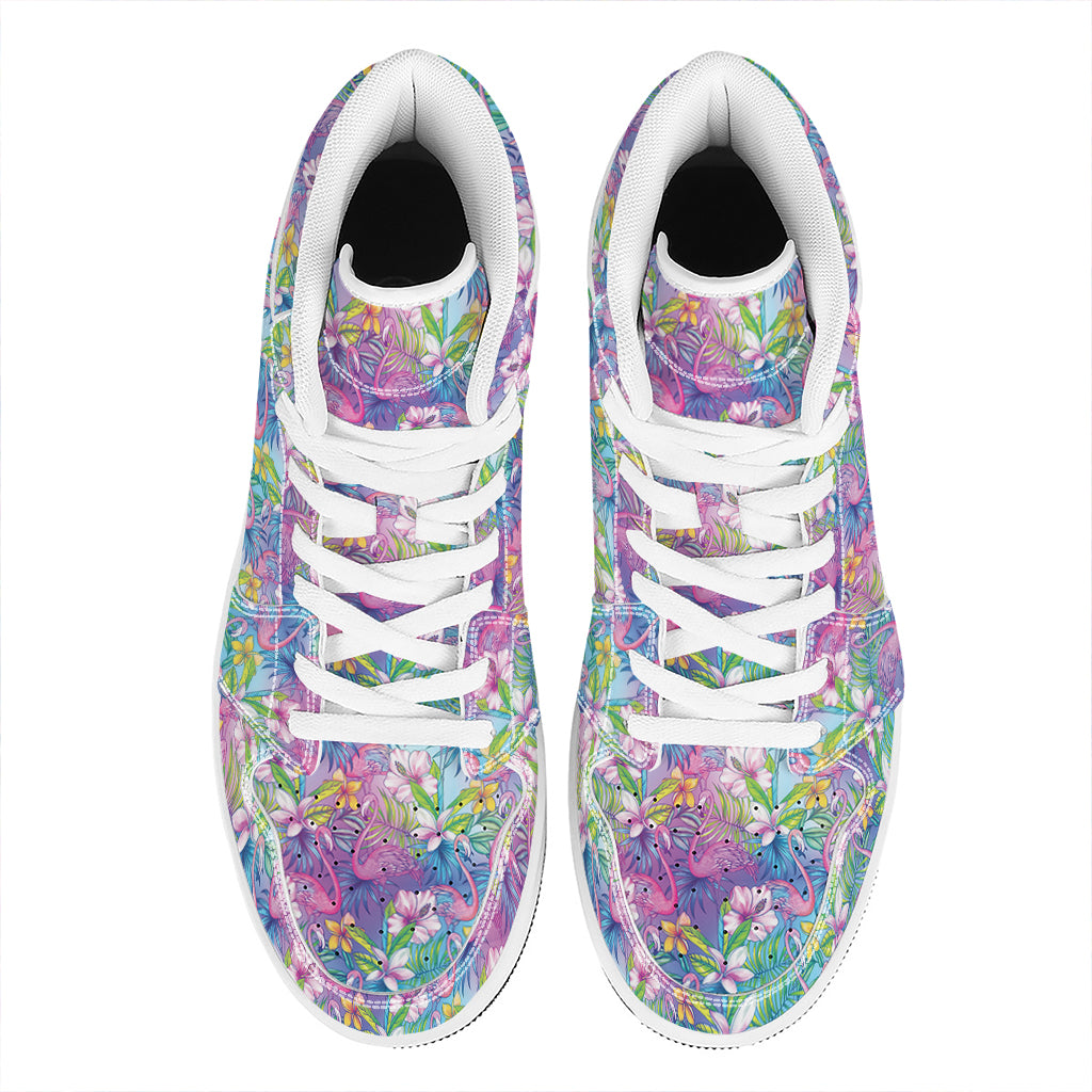 Tropical Flamingo And Hibiscus Print High Top Leather Sneakers