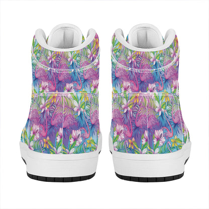 Tropical Flamingo And Hibiscus Print High Top Leather Sneakers