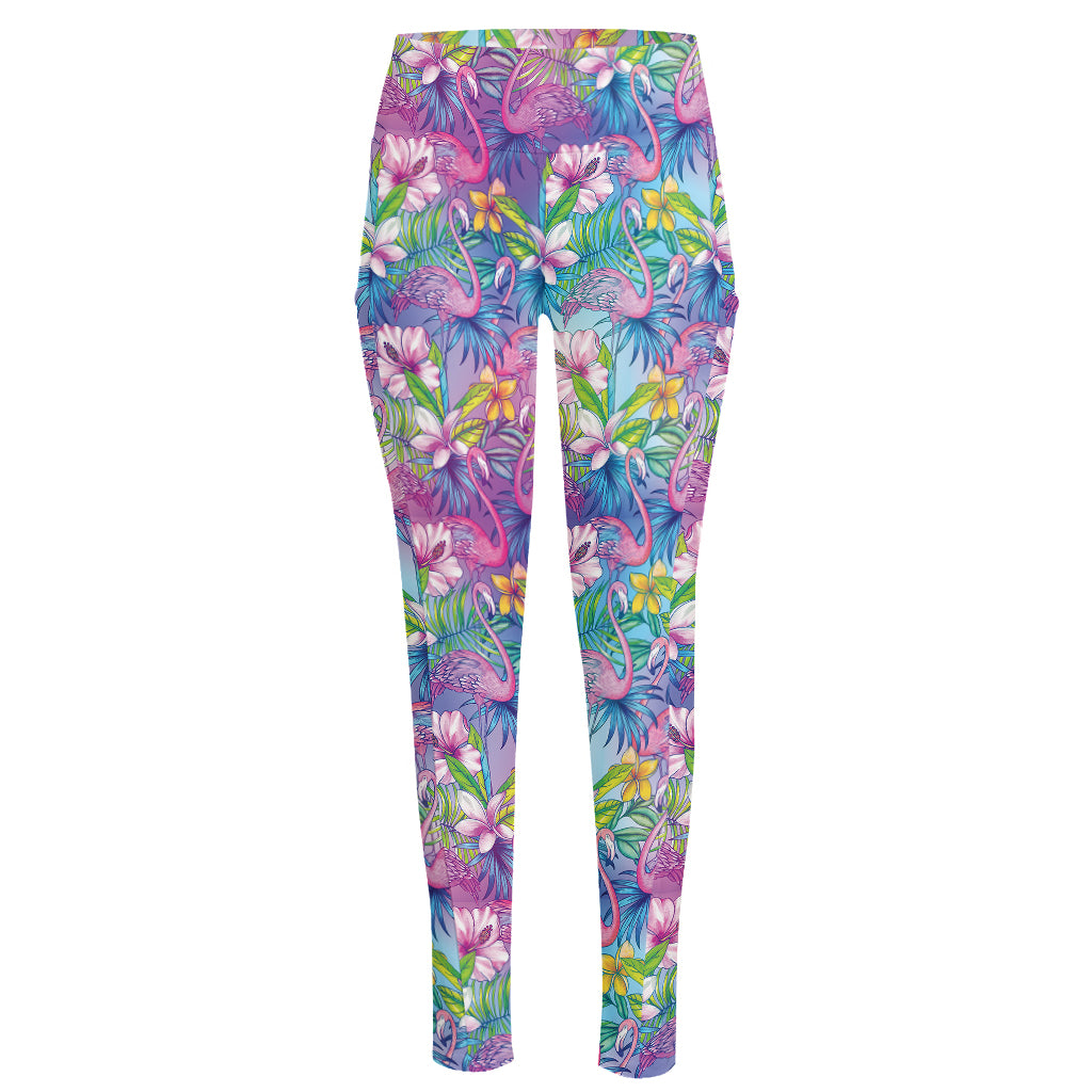 Tropical Flamingo And Hibiscus Print High-Waisted Pocket Leggings