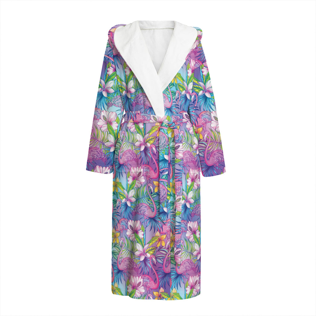 Tropical Flamingo And Hibiscus Print Hooded Bathrobe