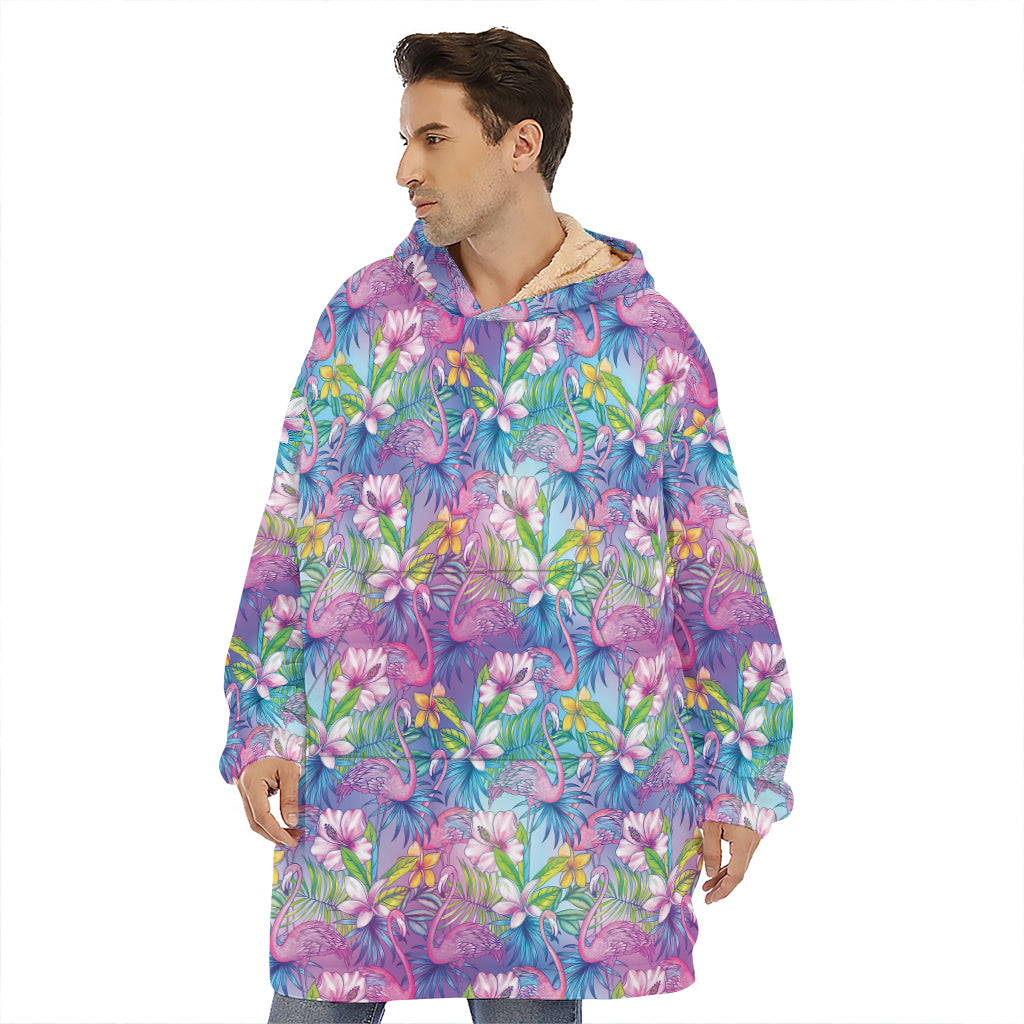 Tropical Flamingo And Hibiscus Print Hoodie Blanket