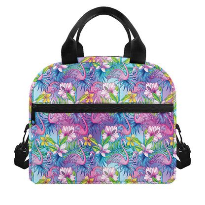 Tropical Flamingo And Hibiscus Print Insulated Lunch Bag