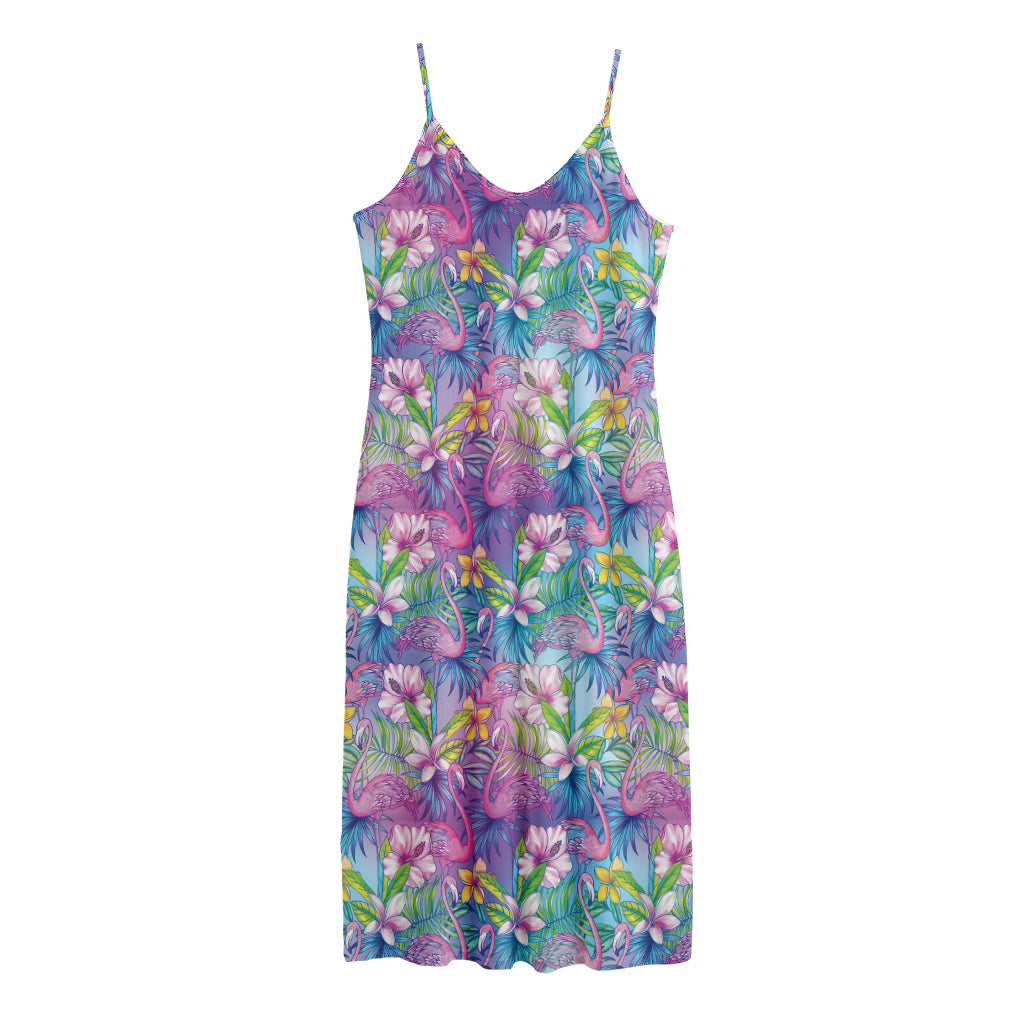 Tropical Flamingo And Hibiscus Print Jersey Midi Cami Dress