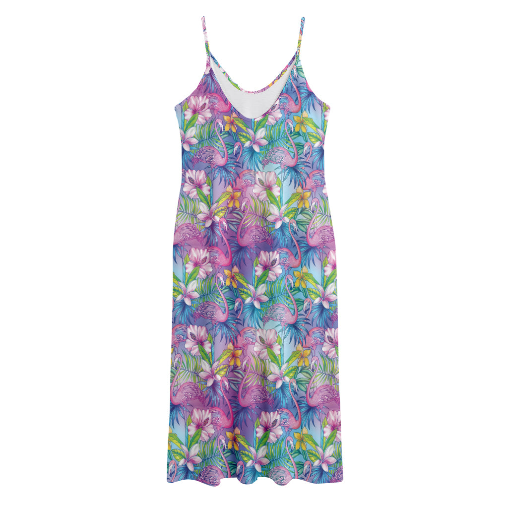 Tropical Flamingo And Hibiscus Print Jersey Midi Cami Dress