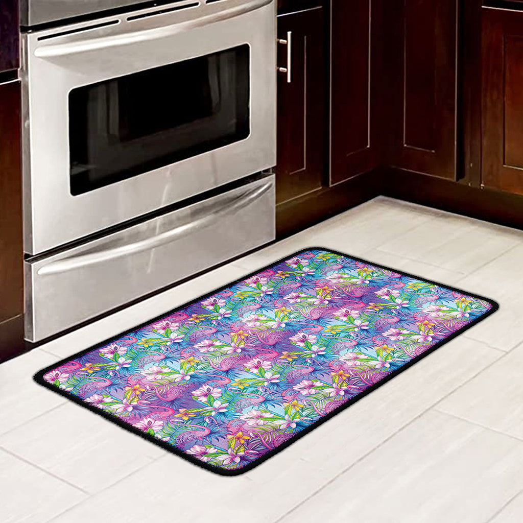 Tropical Flamingo And Hibiscus Print Kitchen Mat