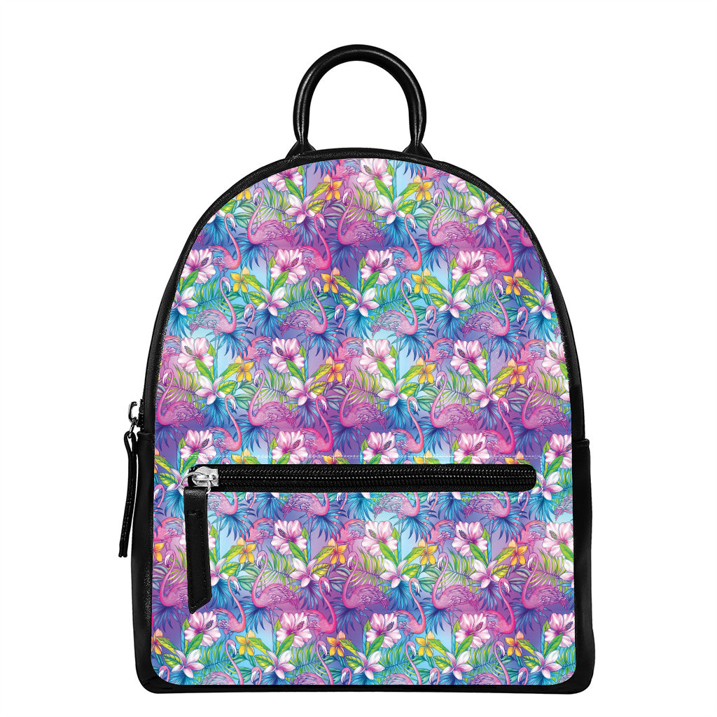 Tropical Flamingo And Hibiscus Print Leather Backpack