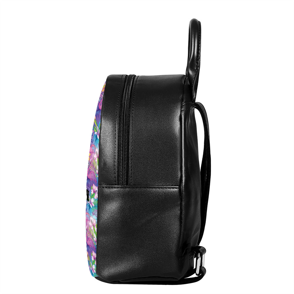 Tropical Flamingo And Hibiscus Print Leather Backpack