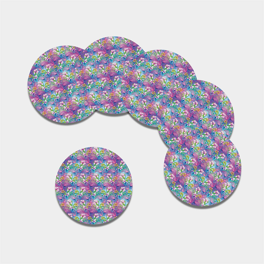 Tropical Flamingo And Hibiscus Print Leather Coaster Set