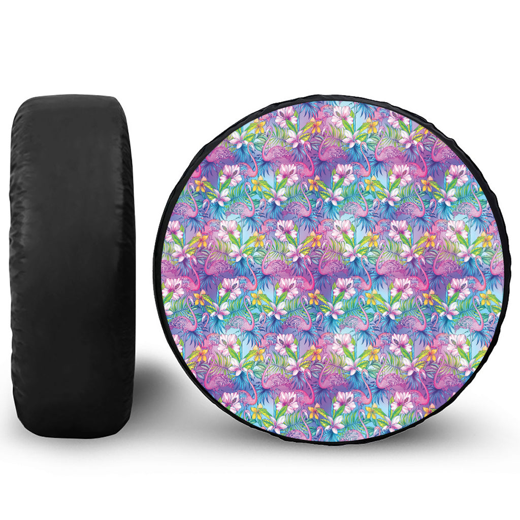 Tropical Flamingo And Hibiscus Print Leather Spare Tire Cover