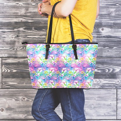 Tropical Flamingo And Hibiscus Print Leather Tote Bag
