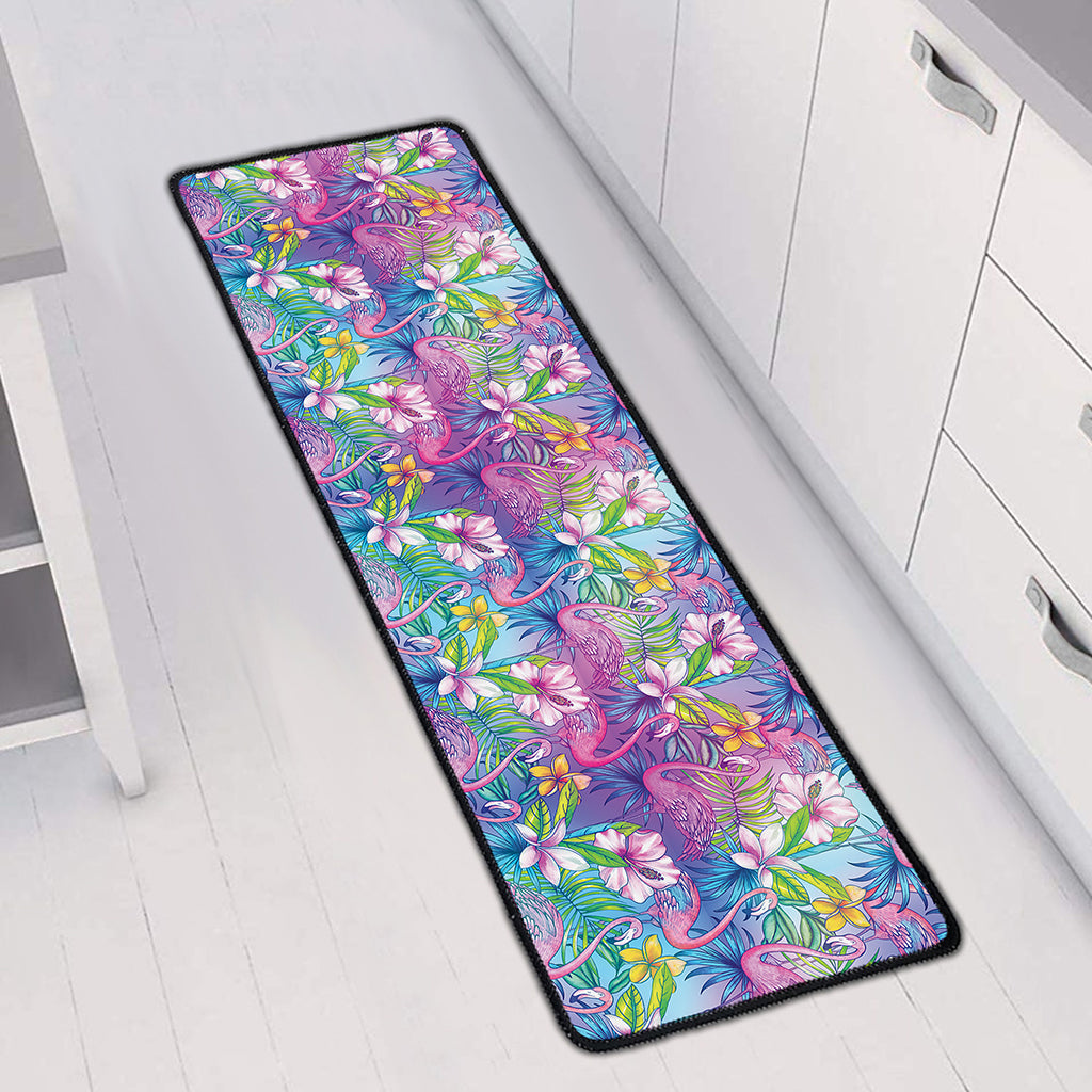 Tropical Flamingo And Hibiscus Print Long Kitchen Mat