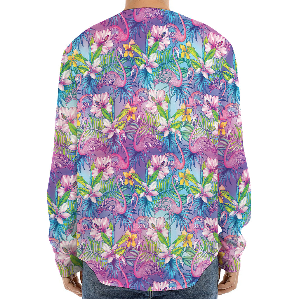 Tropical Flamingo And Hibiscus Print Long Sleeve Baseball Jersey